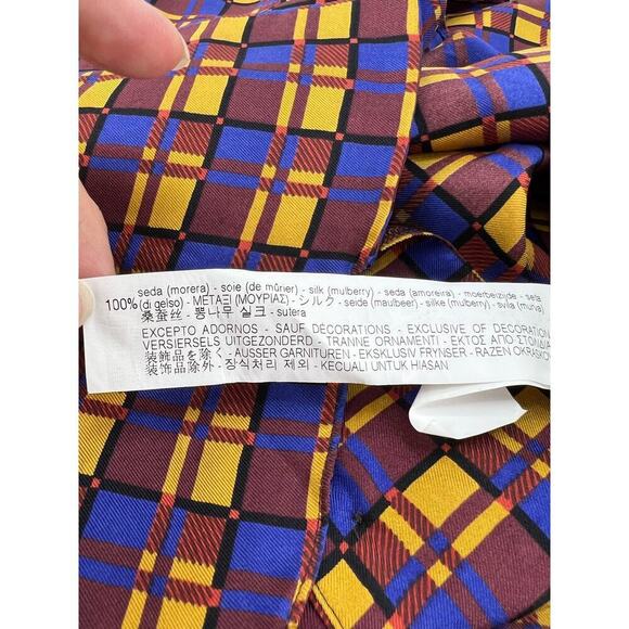 ZARA MULTICOLOR Checked FLOWY FLIP CUFF SILK SHIRT W BEADED NECK Button UP Large - Picture 8 of 10